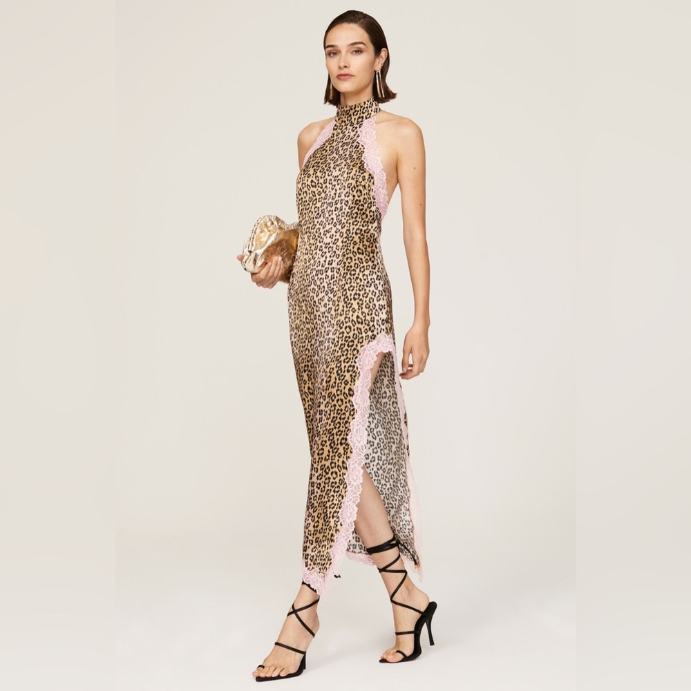 Leopard Print Midi Dress with Pink Lace Trim